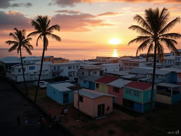 palmier et couché de soleil, sur la ville de saint Joseph à la Réunion